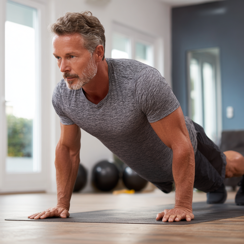Middle-aged man demonstrating improved physical strength and mobility through structured training program